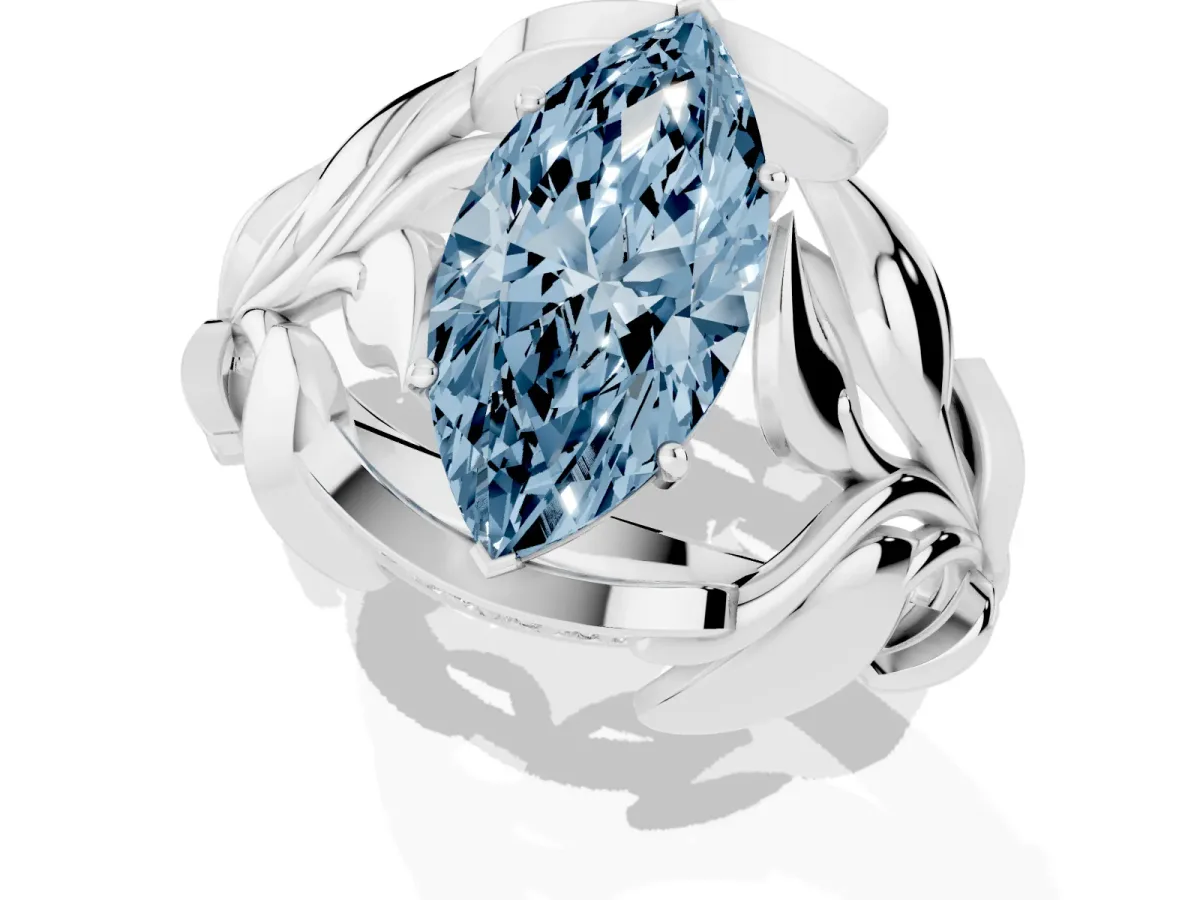 Fancy Blue Marquise Cut Diamond Leaf-Inspired Engagement Ring with Round Accents and Prong Setting Silver