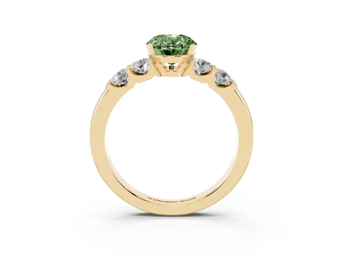 Fancy Green Oval Cut Brilliant Cut Diamond Five-Stone Prong Set Engagement Ring with Channel Band Yellow gold