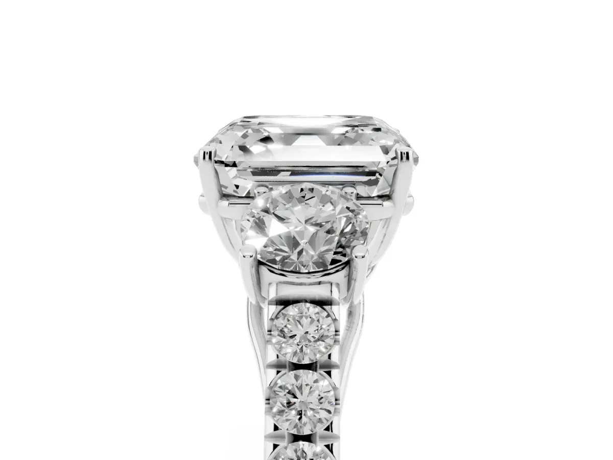 Asscher Cut Cut Diamond Three-Stone Ring with Round Side Stones and Pavé Band White gold