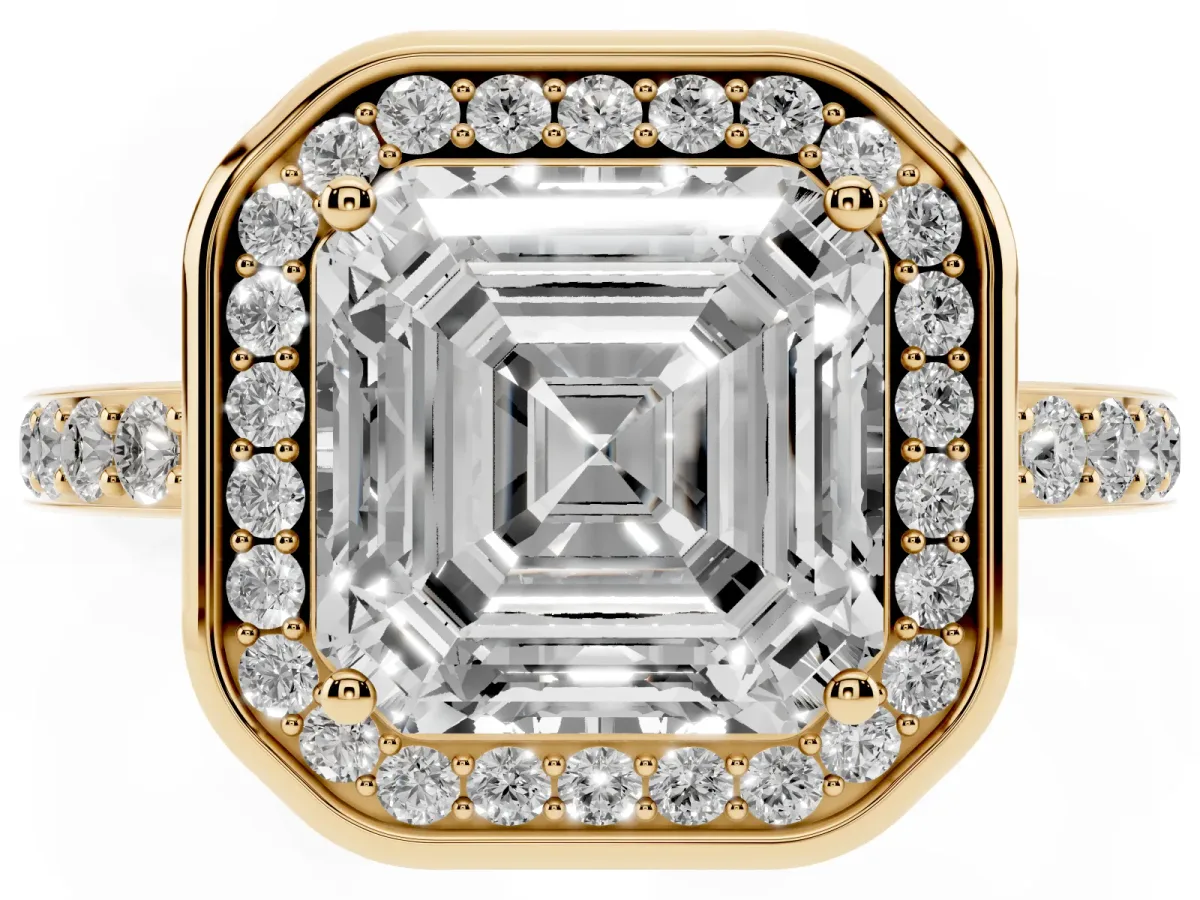 Asscher Cut Diamond Halo Ring with Bezel Frame and Pavé Band Yellow gold
