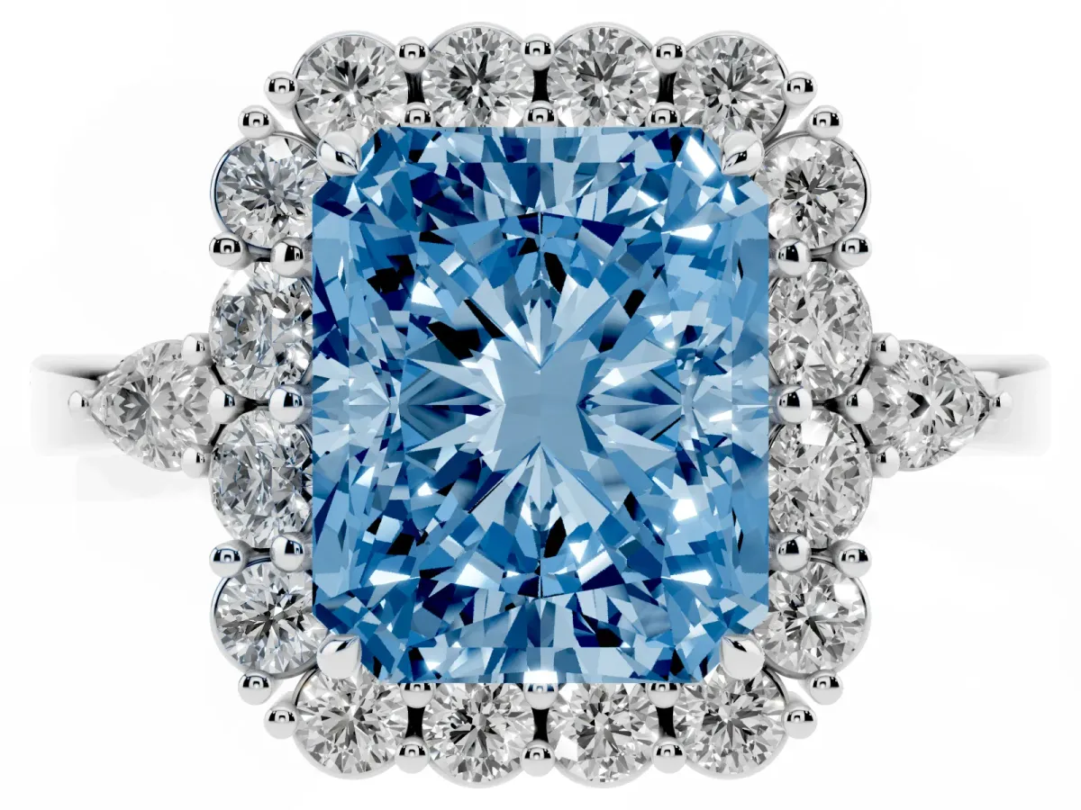 Fancy Blue Radiant Cut Diamond Halo Ring with Pear Side Stones and Prong Setting Silver