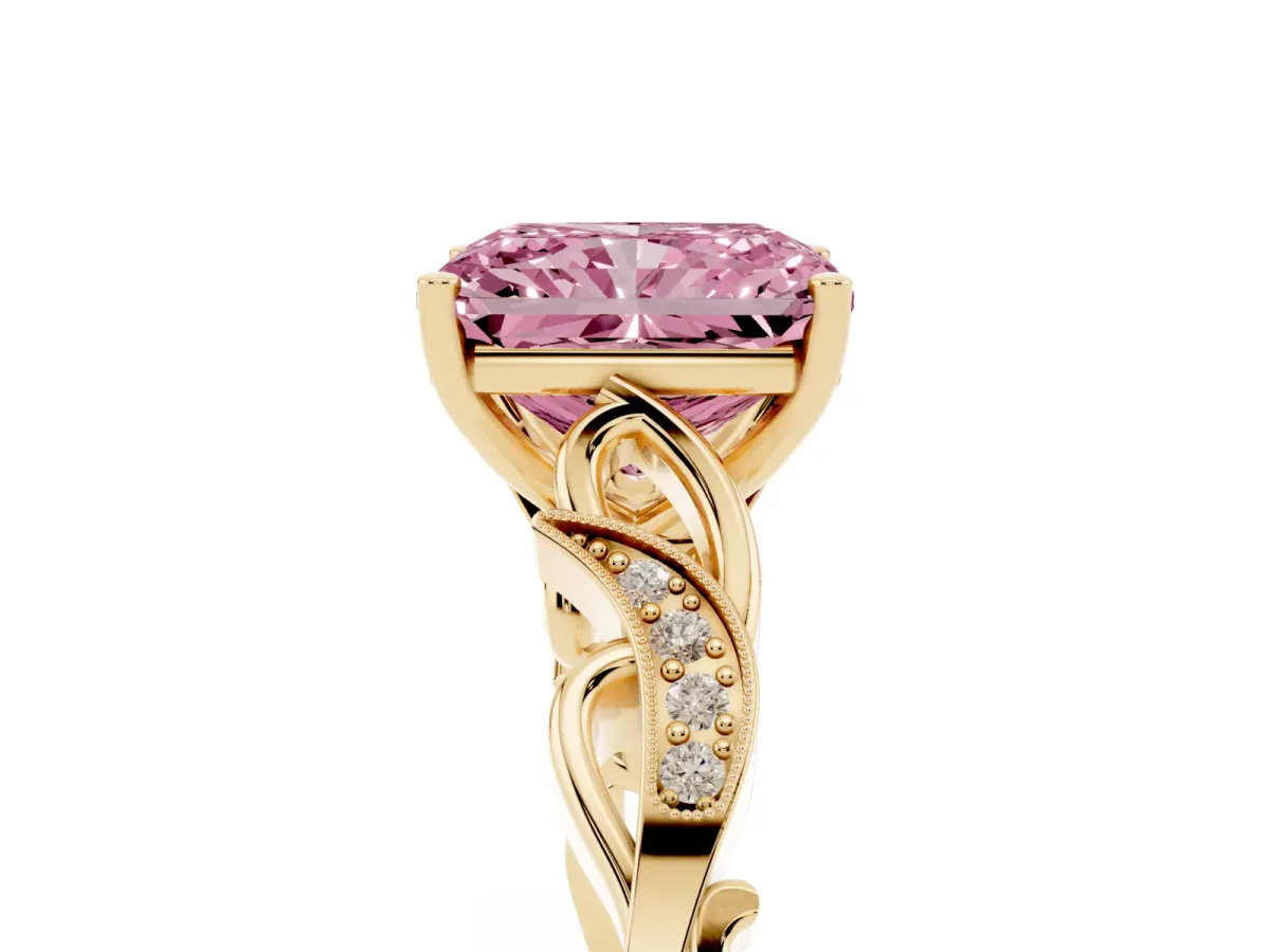 Fancy Pink Radiant Cut Solitaire Vine Band with Milgrain Prong Setting Yellow gold
