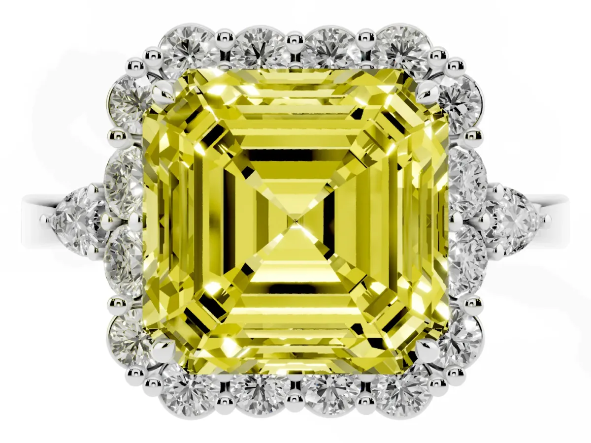 Fancy Yellow Asscher Cut Diamond Halo Ring with Pear Side Stones and Prong Setting Silver