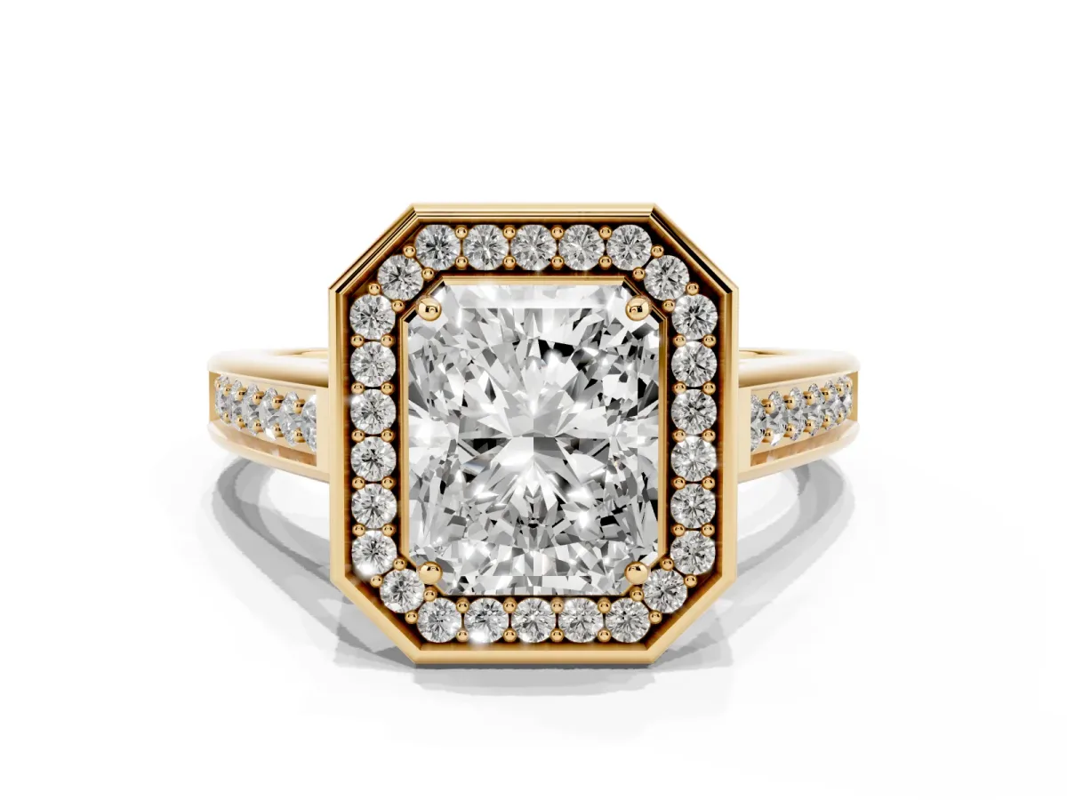 Radiant Cut Halo Solitaire Diamond Ring with Pave Band and Bezel Setting Yellow gold