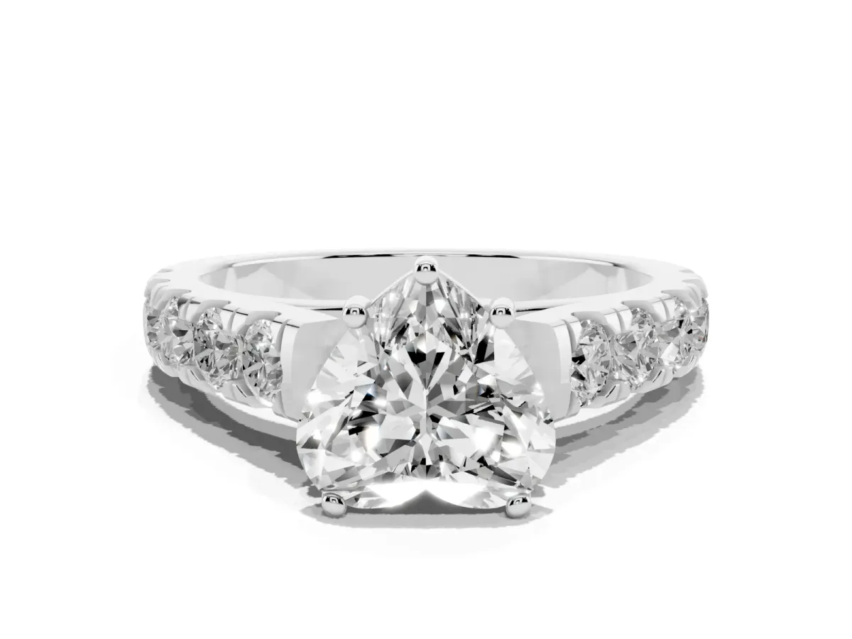 Heart Cut Cut Diamond Solitaire Ring with Micro Pave Band and Prong Setting Silver