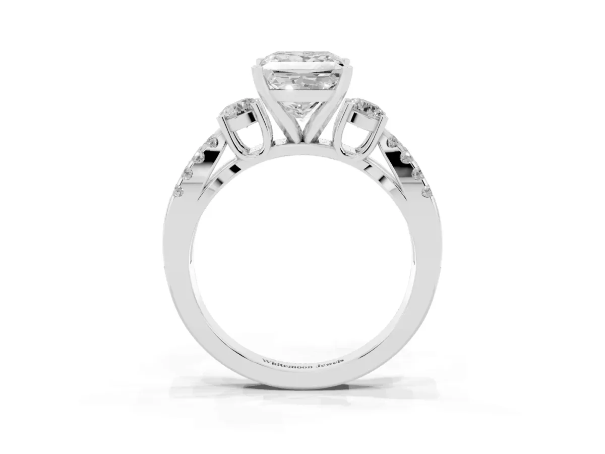 Princess Cut Diamond Three-Stone Ring with Pavé Split Shank and Four-Prong Setting Silver