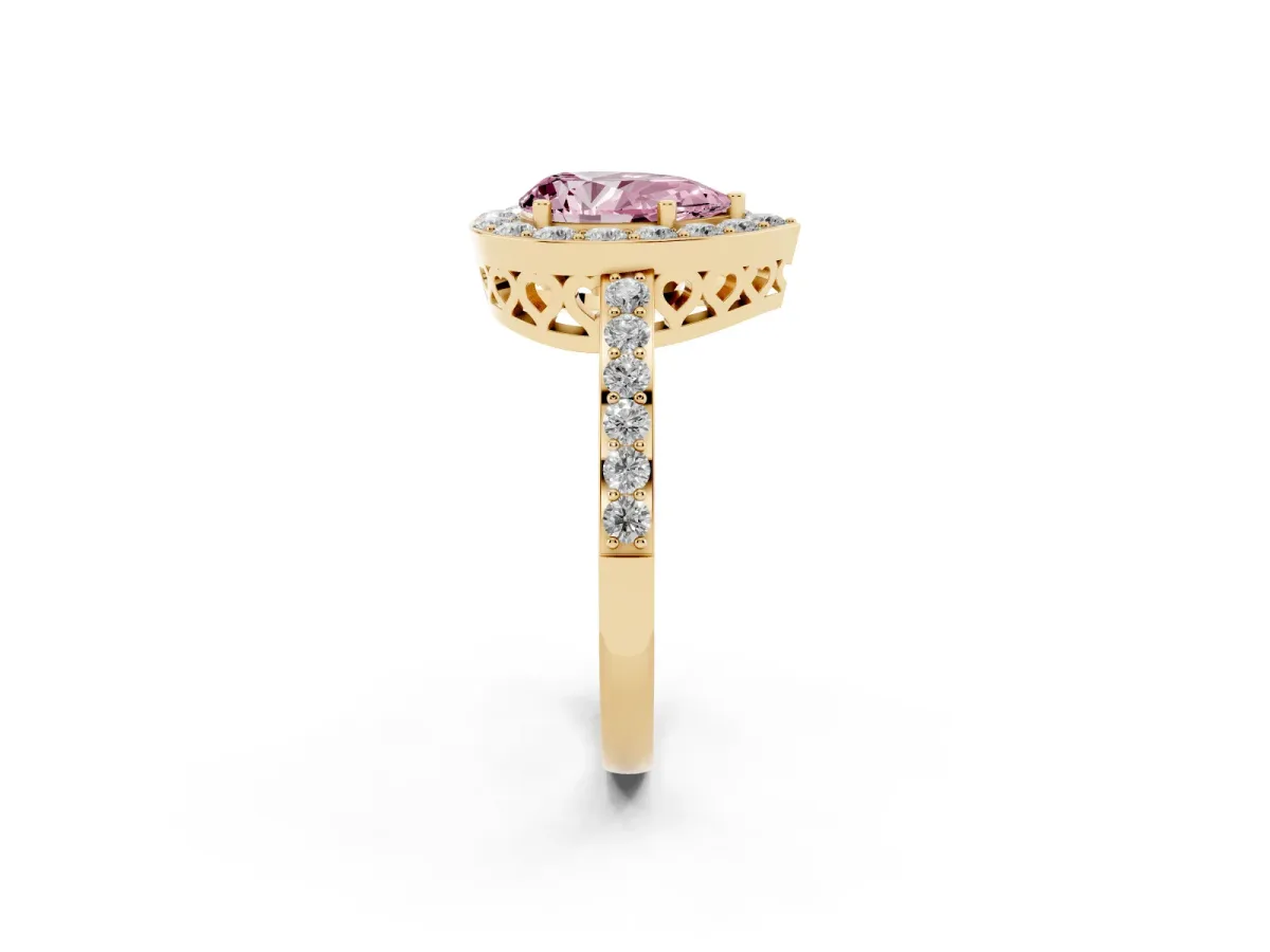 Fancy Pink Pear Cut Halo Diamond Pavé Band Ring with Prong Setting Yellow gold