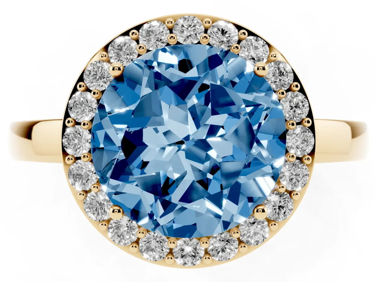 Fancy Blue Round Cut Halo Diamond Ring with Solitaire Band and Prong Setting Yellow gold