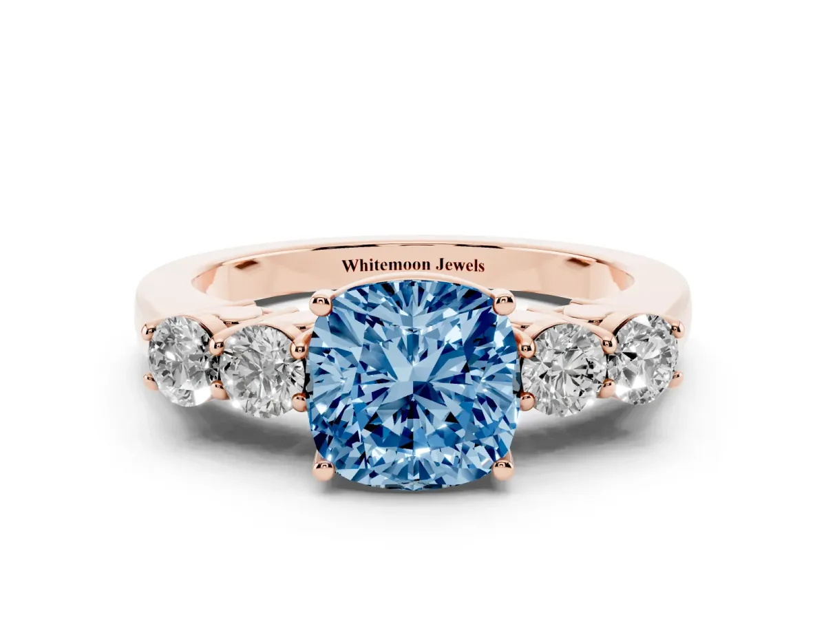 Fancy Blue Cushion Cut Cut Diamond Five-Stone Prong Set White Gold Ring Rose gold