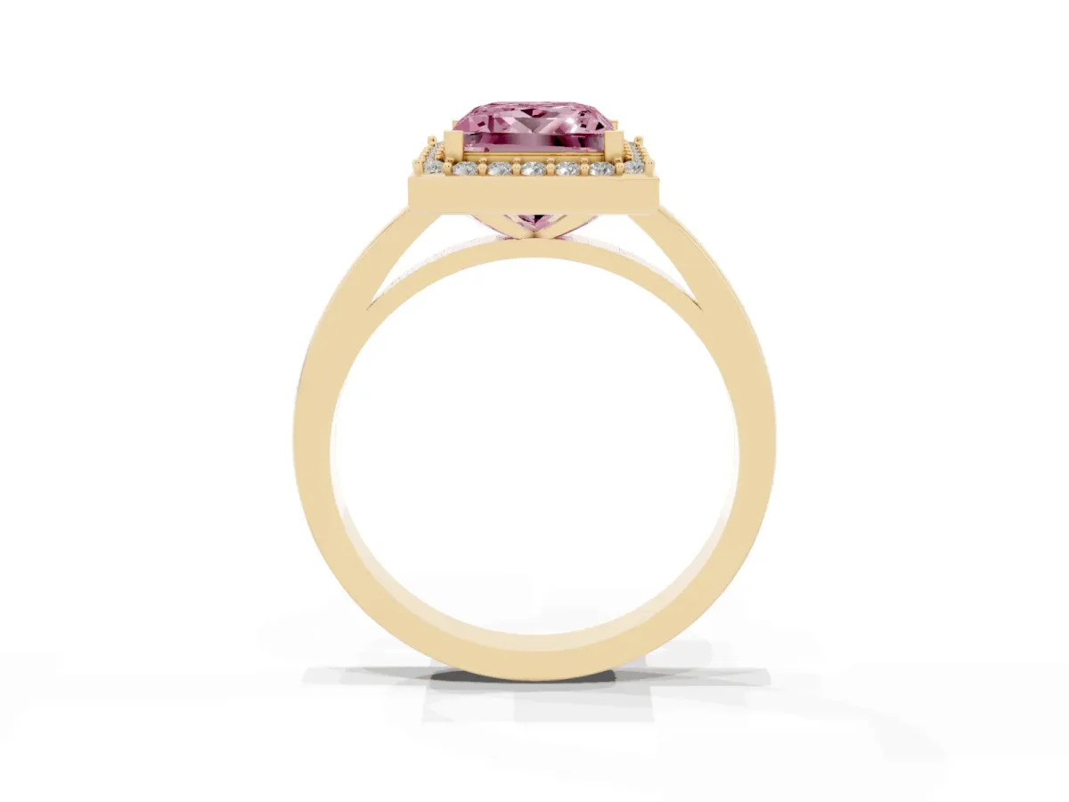 Fancy Pink Princess Cut Halo Diamond Ring with Solitaire Band and Prong Setting Yellow gold