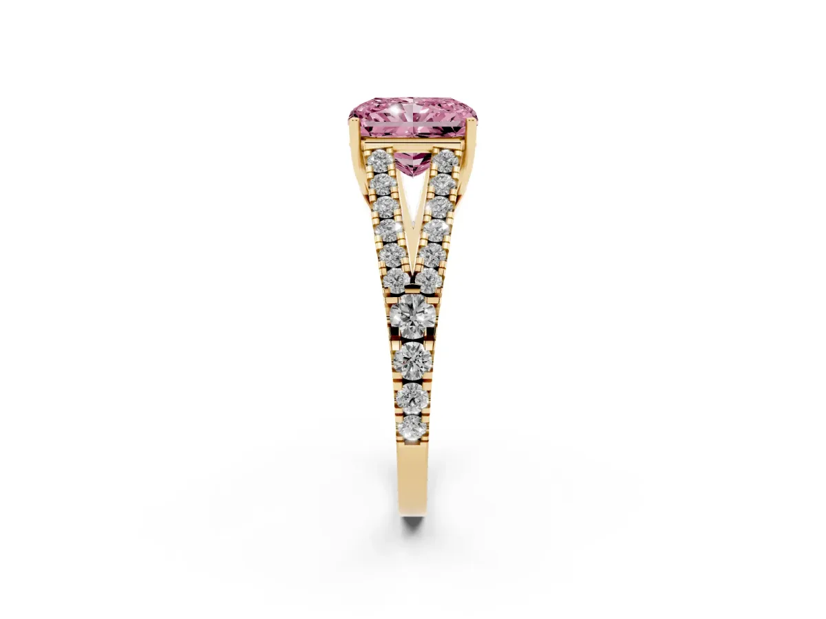 Fancy Pink Radiant Cut Diamond Split Shank Engagement Ring with Round Pavé and Prong Setting Yellow gold