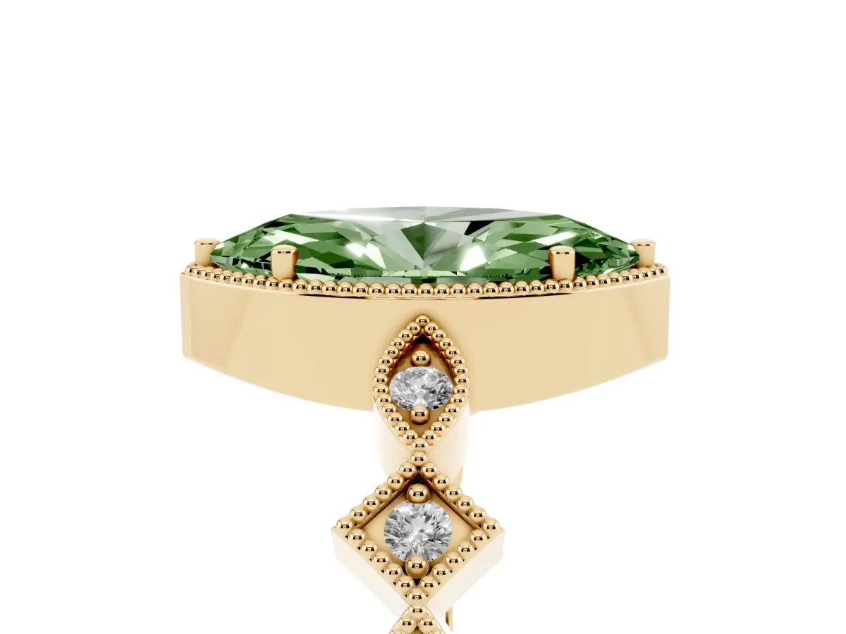 Fancy Green Marquise Cut Milgrain Marquise Diamond Twist Band Ring Yellow gold