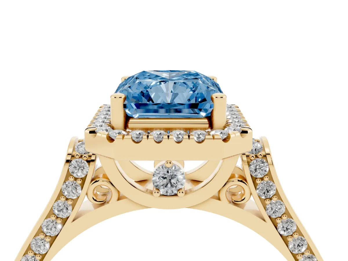 Fancy Blue Radiant Cut Halo Round Diamond Twist Band with Four-Prong Setting Yellow gold
