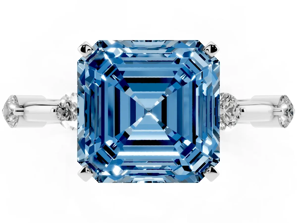 Fancy Blue Asscher Cut Solitaire Diamond Ring with Bezel Set Side Stones and Prong Setting Platinum