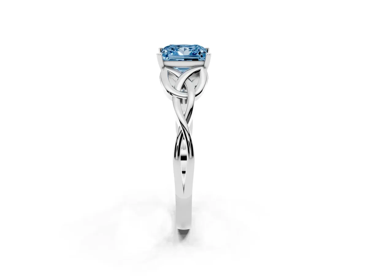Fancy Blue Princess Cut Diamond Solitaire Engagement Ring with Celtic Knot Band and Four-Prong Setting White gold