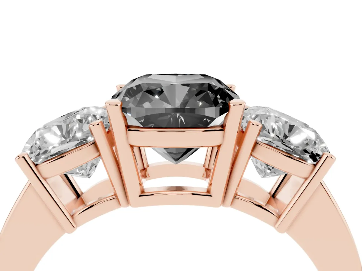 Fancy Black Three-Stone Cushion Cut Cut Diamond Engagement Ring with Flat Band and Four-Prong Setting Rose gold