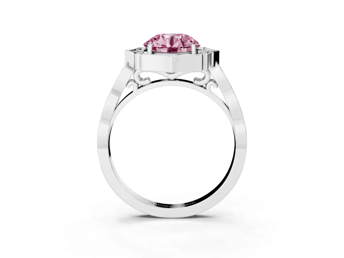 Fancy Pink Round Cut Halo Diamond Engagement Ring with Milgrain Band and Four-Prong Setting Platinum