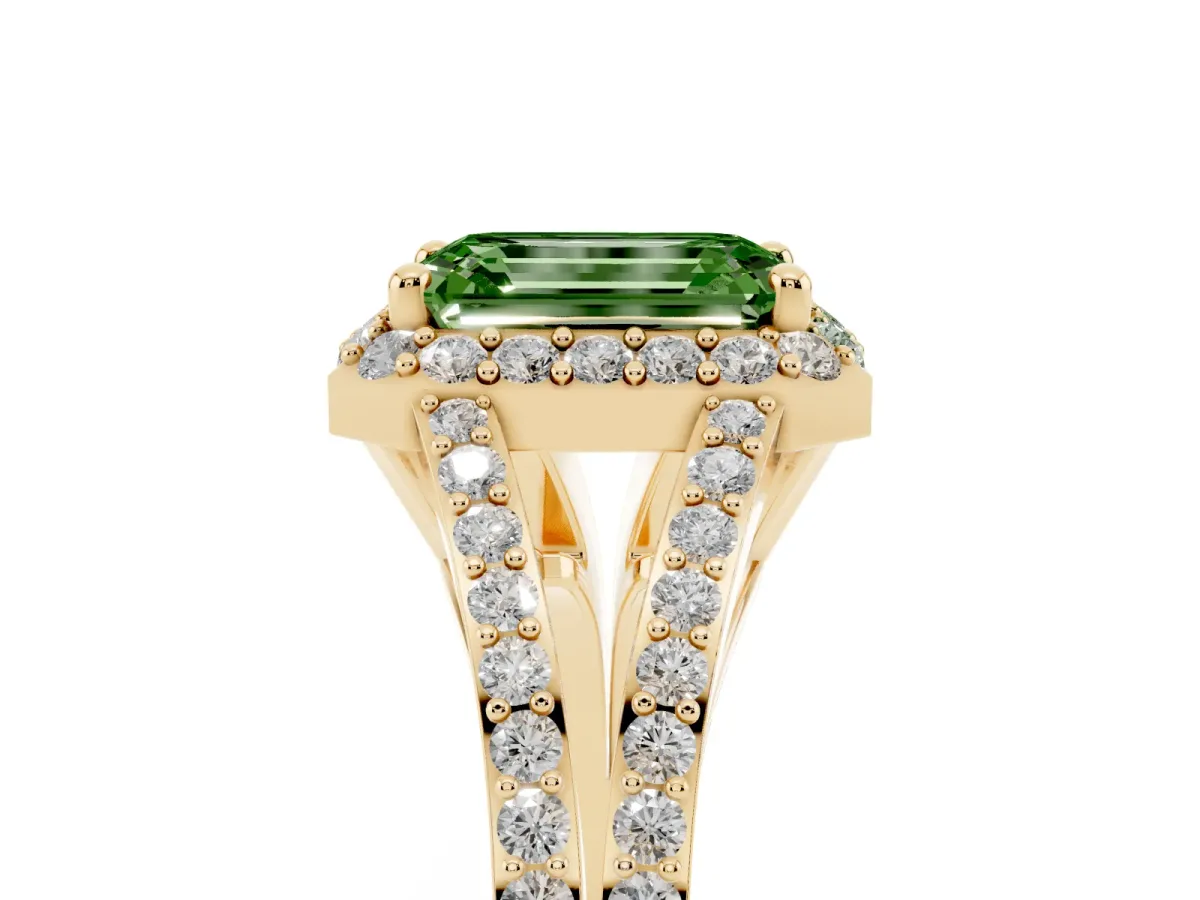 Fancy Green Emerald Cut Halo Split Shank Diamond Ring with Prong Setting Yellow gold
