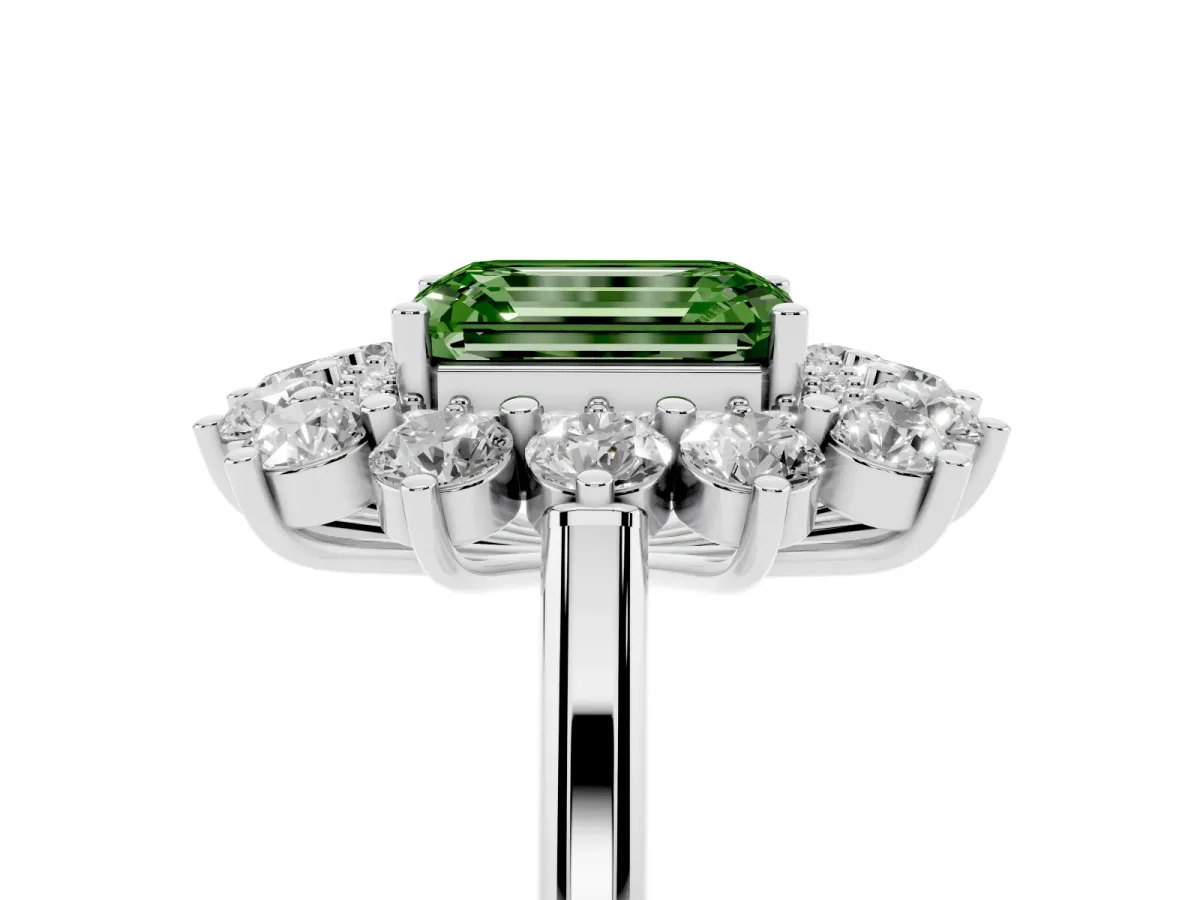 Fancy Green Emerald Cut Diamond Floral Double Halo Engagement Ring with Prong Setting Platinum