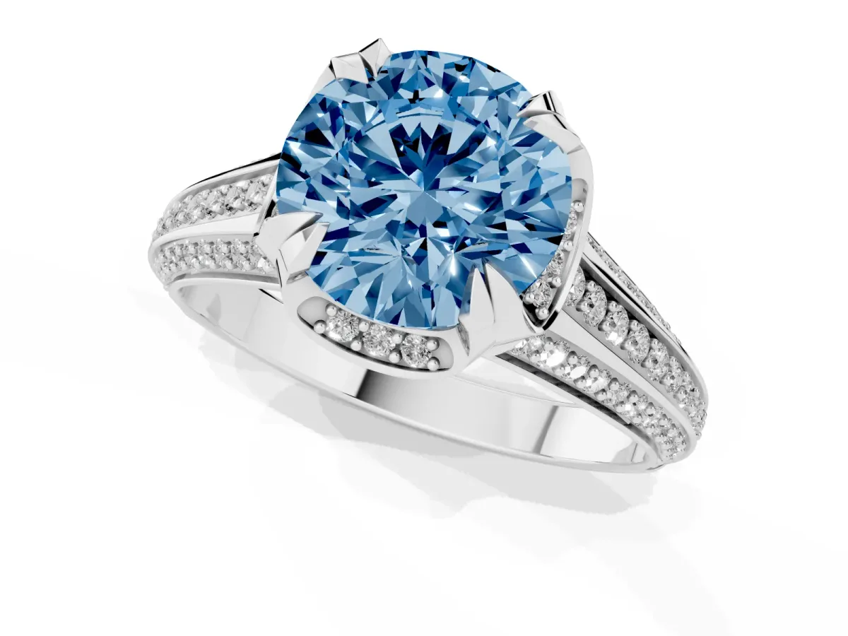 Fancy Blue Round Cut Solitaire Pave Split Shank Ring with Four-Prong Setting Platinum