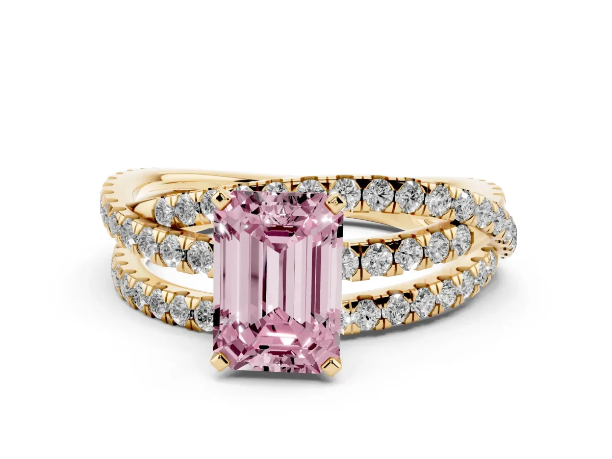 Fancy Pink Emerald Cut Solitaire Twist Band with Pavé Setting and Four-Prong Setting Yellow gold