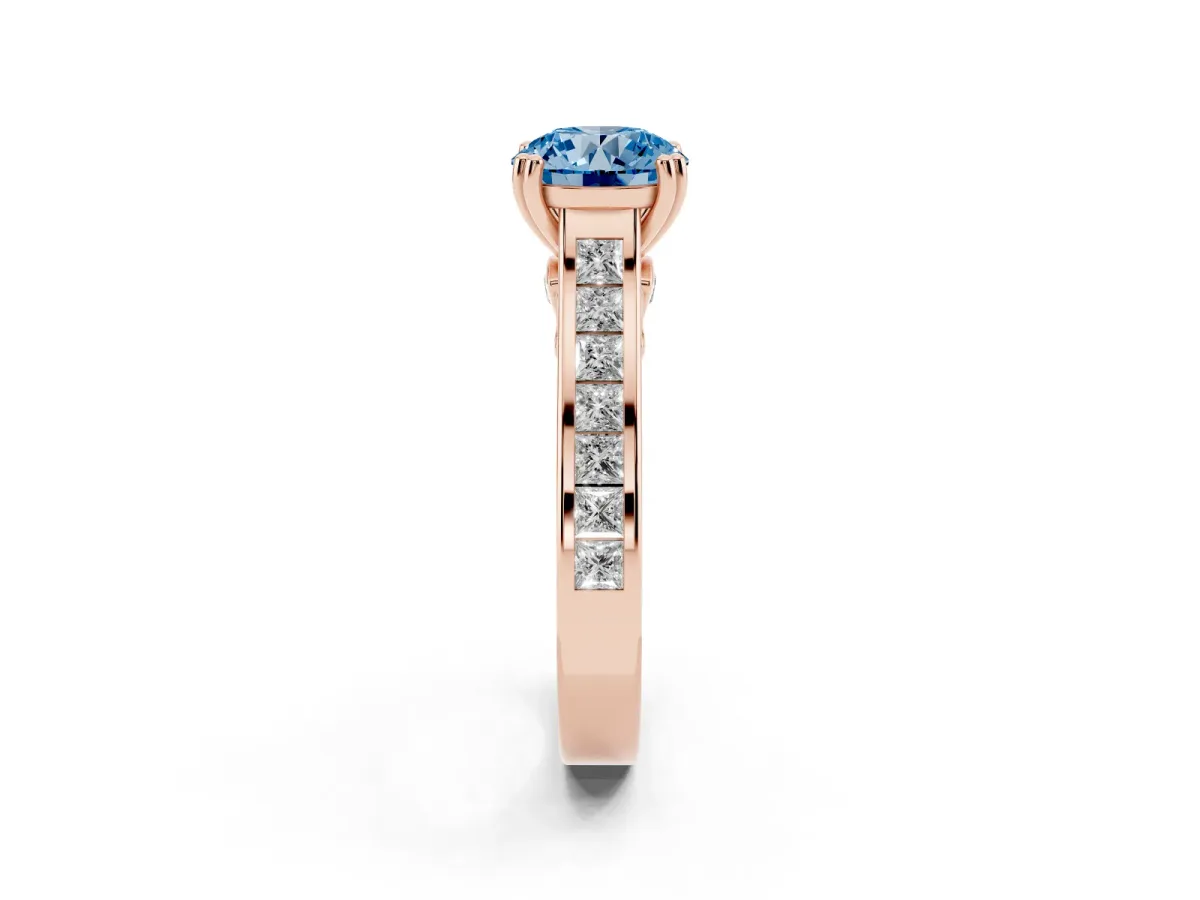 Fancy Blue Round Cut Cut Channel Set Solitaire Engagement Ring with Prong Setting Rose gold