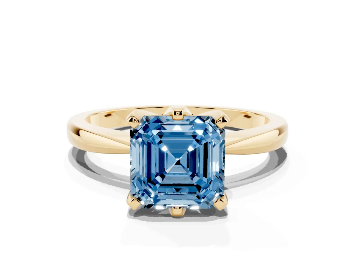Fancy Blue Asscher Cut Solitaire Engagement Ring with Six-Prong Setting and Tapered Band Yellow gold