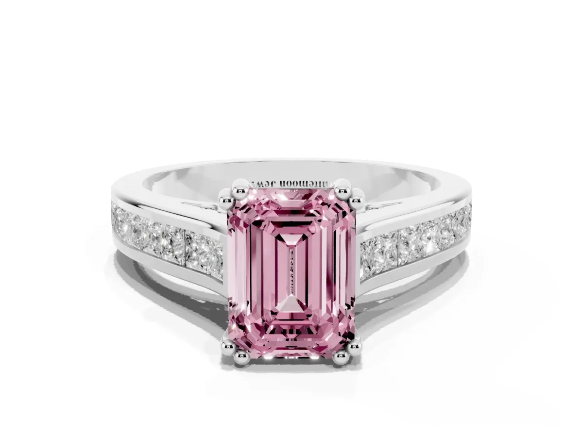 Fancy Pink Emerald Cut Cut Channel Set Solitaire Engagement Ring with Prong Setting Silver