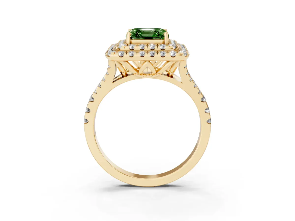 Fancy Green Double Halo Asscher Cut Diamond Pavé Split Shank Ring with Prong Setting Yellow gold