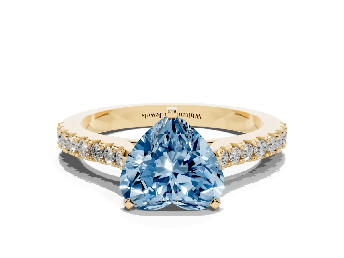 Fancy Blue Heart Cut Cut Solitaire Diamond Engagement Ring with Pave Band and Four-Prong Setting Yellow gold