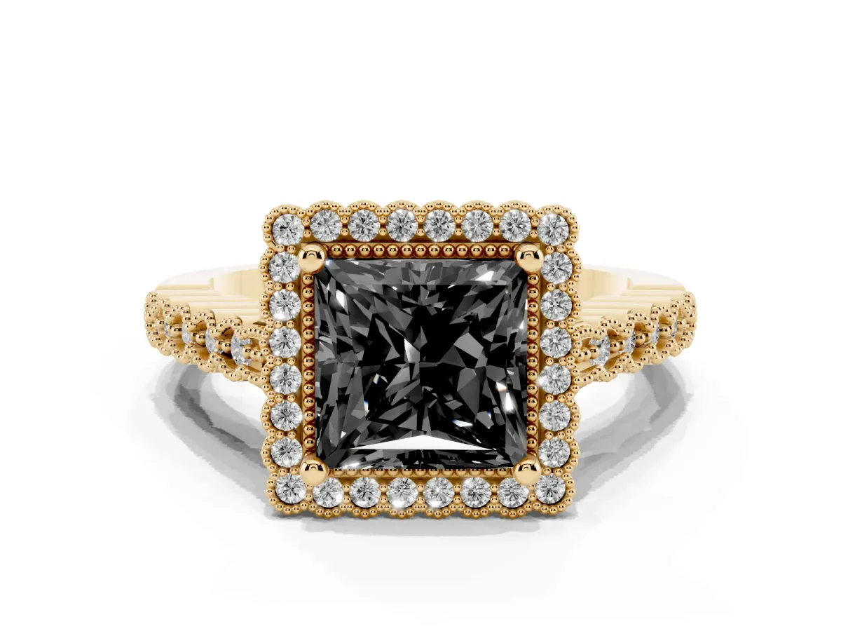 Fancy Black Princess Cut Cut Halo Pavé Solitaire Ring with Milgrain Band Yellow gold