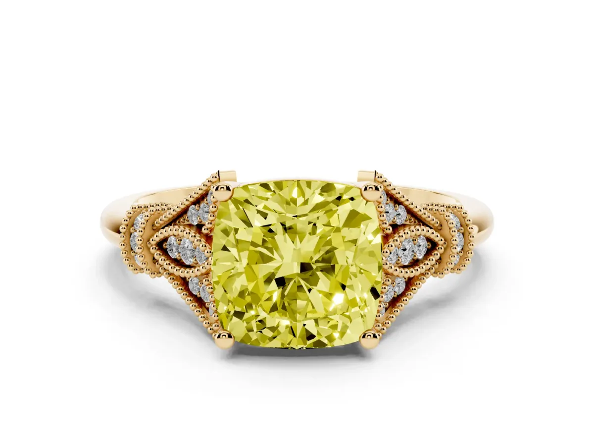 Fancy Yellow Cushion Cut Diamond Solitaire Ring with Floral Filigree and Pave Accents Yellow gold