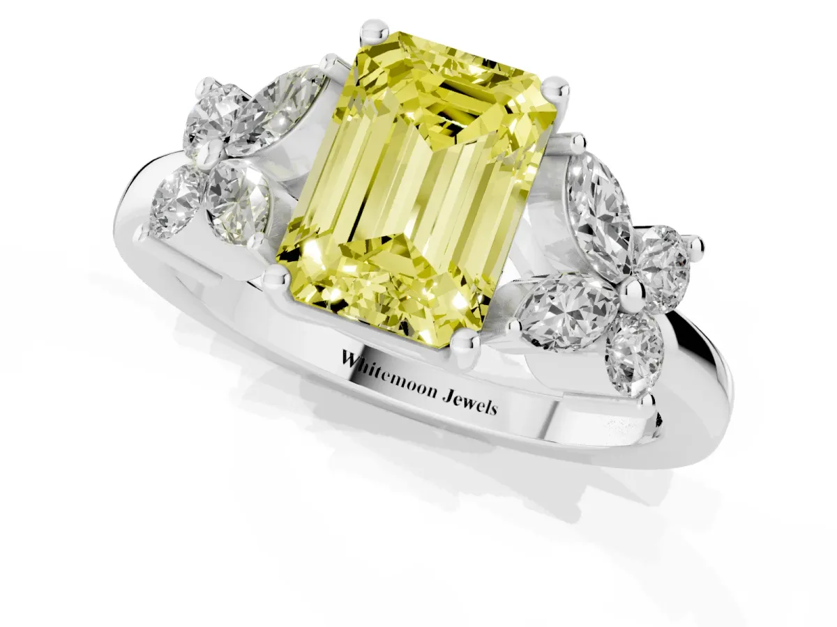 Fancy Yellow Emerald Cut Diamond Floral Cluster Ring with Solitaire Band and Prong Setting Platinum