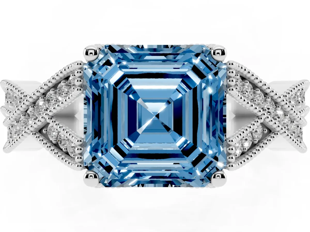 Fancy Blue Asscher Cut Cut Diamond Twisted Band with Milgrain Pave Setting and Four-Prong Setting Silver