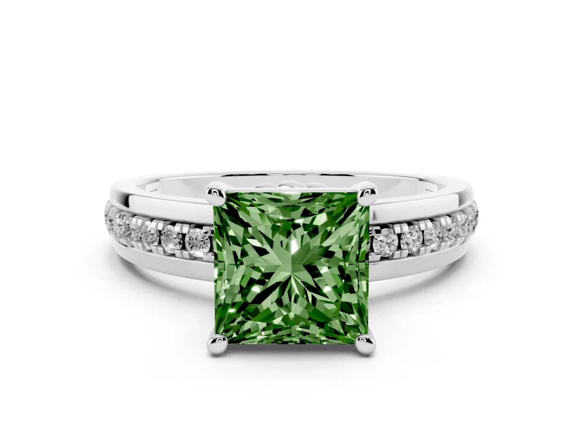 Fancy Green Princess Cut Solitaire Diamond Ring with Channel Set Band and Six-Prong Setting Silver
