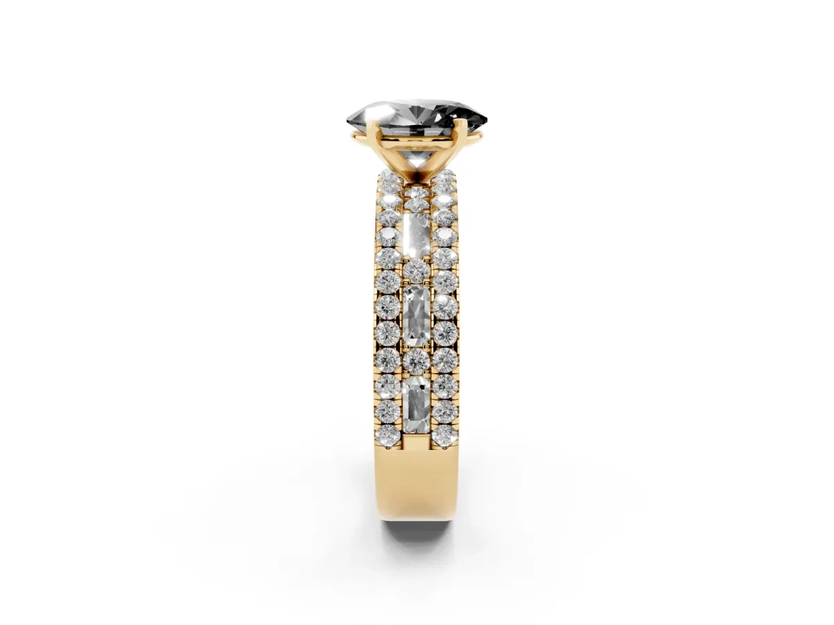 Fancy Black Oval Cut Diamond Solitaire Ring with Pavé and Channel Set Band Yellow gold