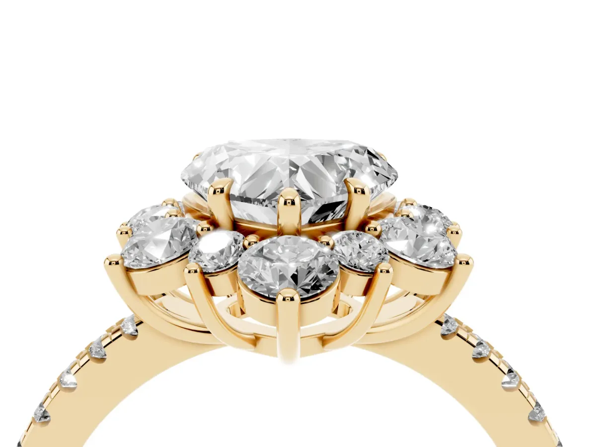 Heart Cut Diamond Floral Halo Ring with Round Pavé Band and Prong Setting Yellow gold