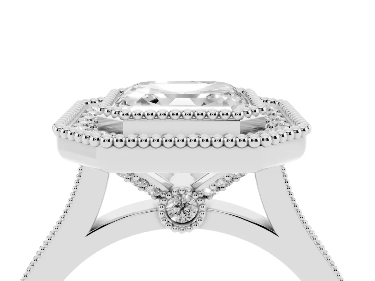 Asscher Cut Diamond Halo Ring with Milgrain Frame and Pavé Band Silver