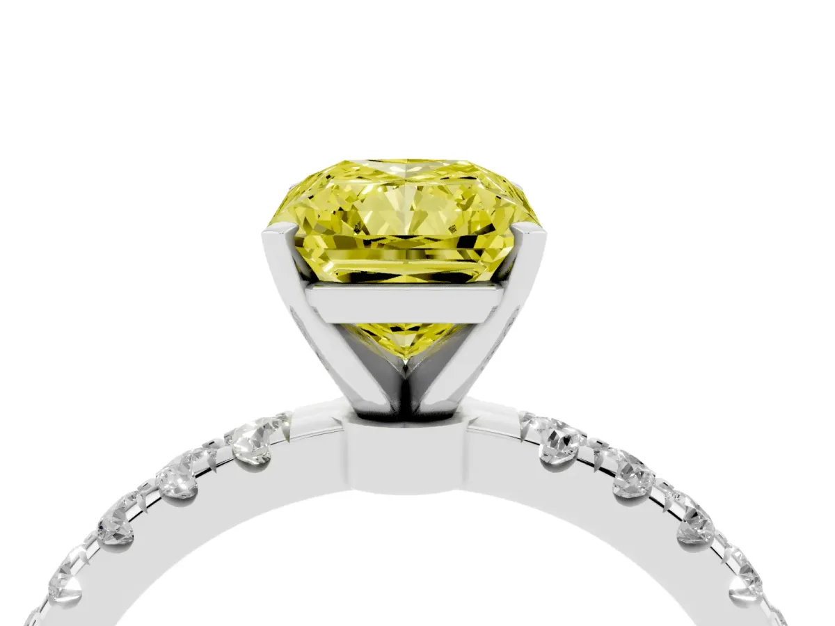 Fancy Yellow Radiant Cut Diamond Solitaire Ring with Pavé Accents and Four-Prong Setting Platinum