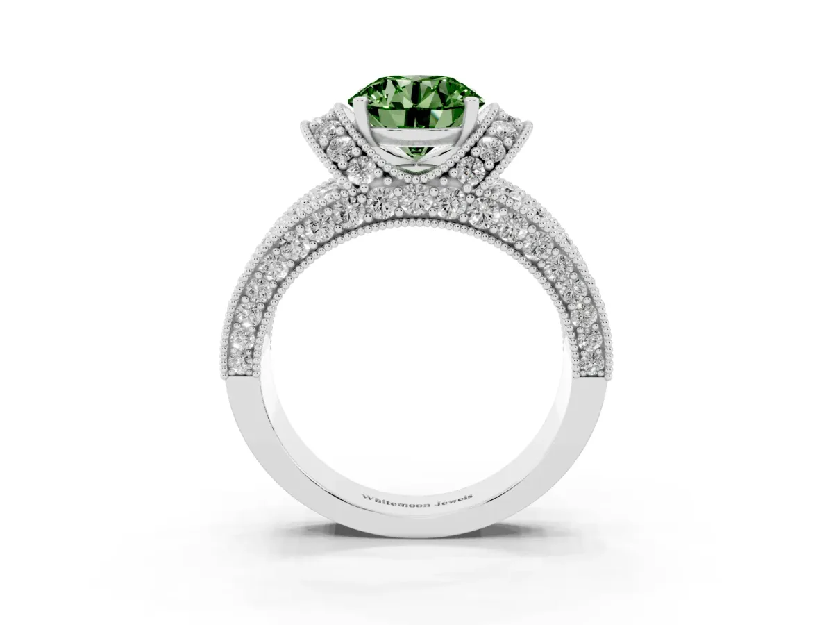 Fancy Green Round Cut Halo Pave Diamond Engagement Ring with Milgrain Detailing Silver