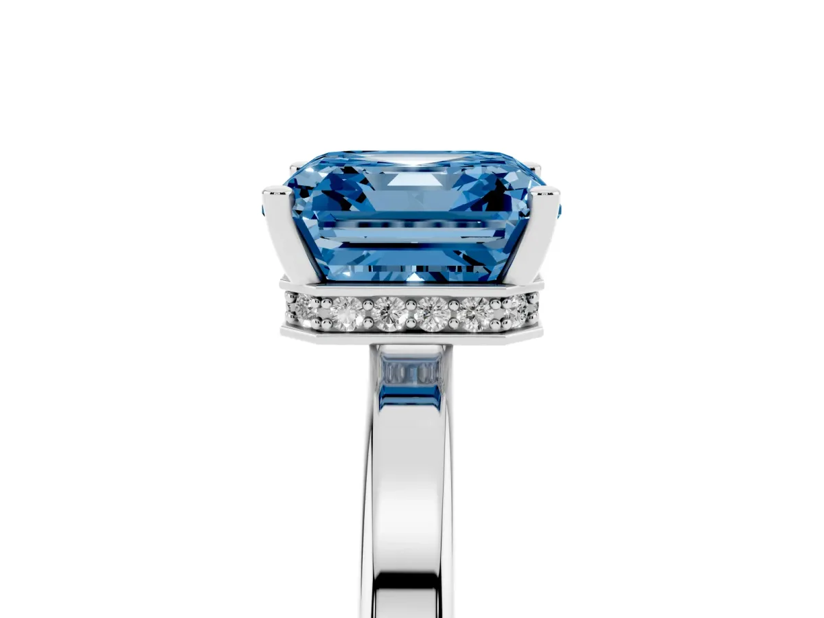 Fancy Blue Asscher Cut Cut Solitaire Engagement Ring with Four-Prong Setting on a Classic Band Silver