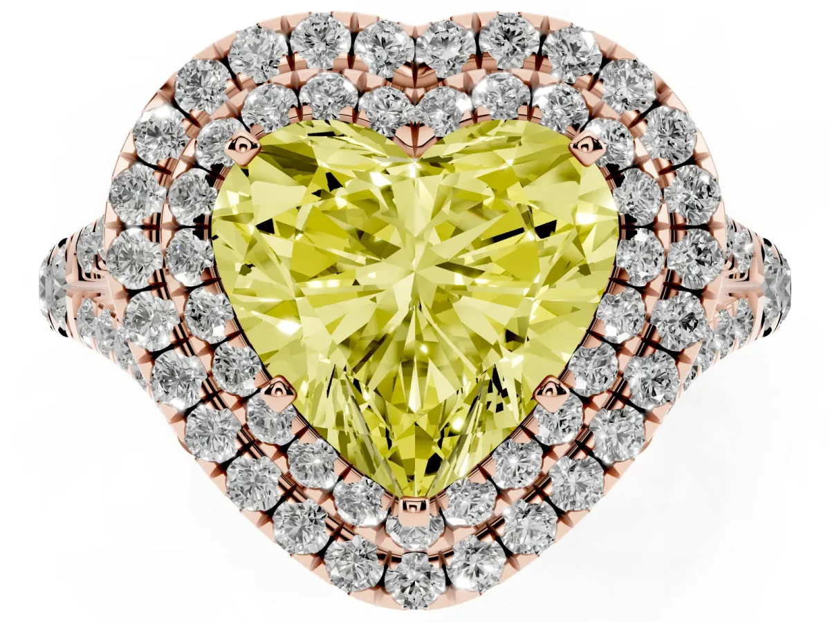 Fancy Yellow Double Halo Heart Cut Diamond Split Shank Engagement Ring with Four-Prong Setting Rose gold