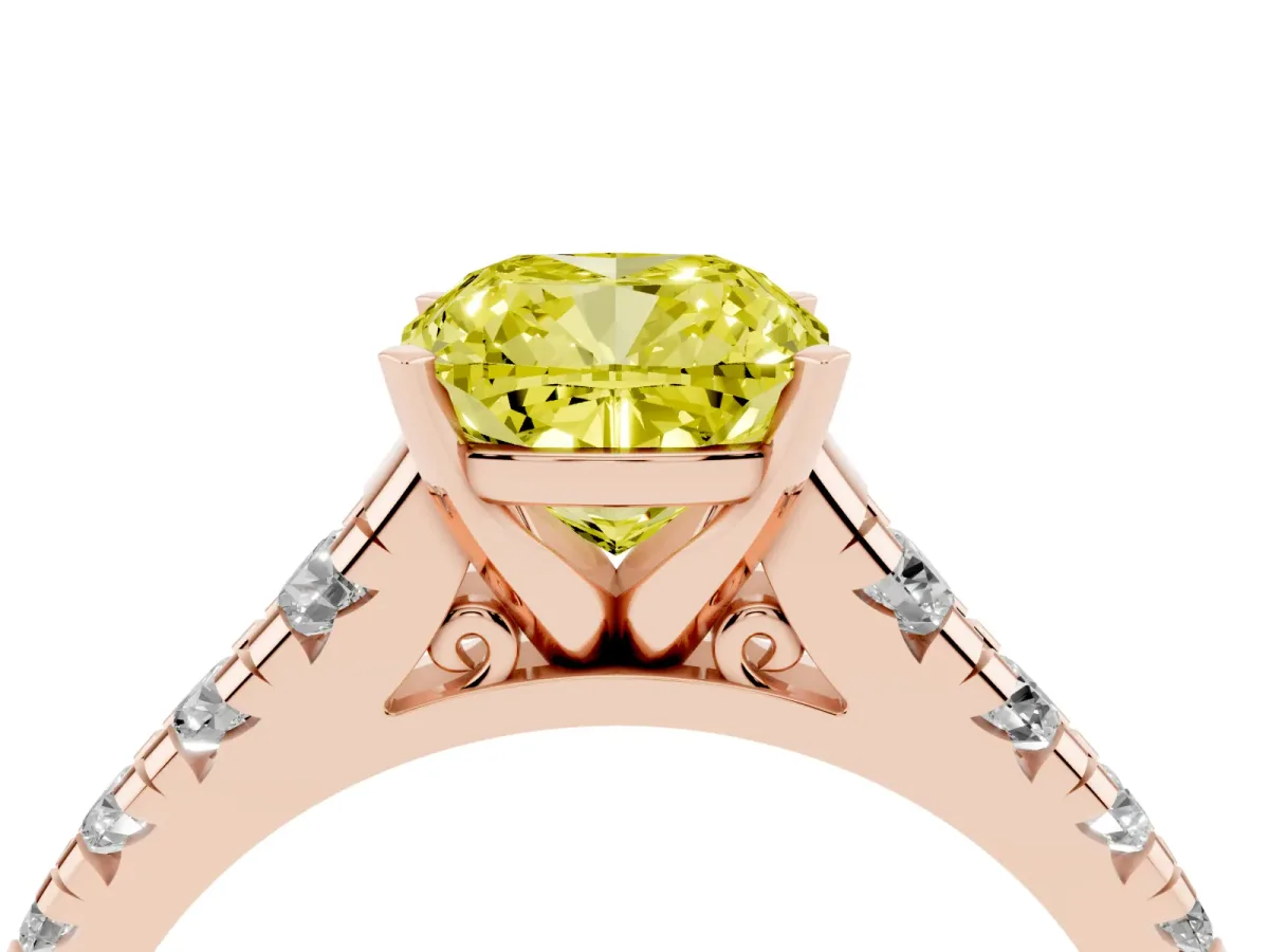 Fancy Yellow Cushion Cut Diamond Cathedral Solitaire Ring with Round Pavé Band Rose gold