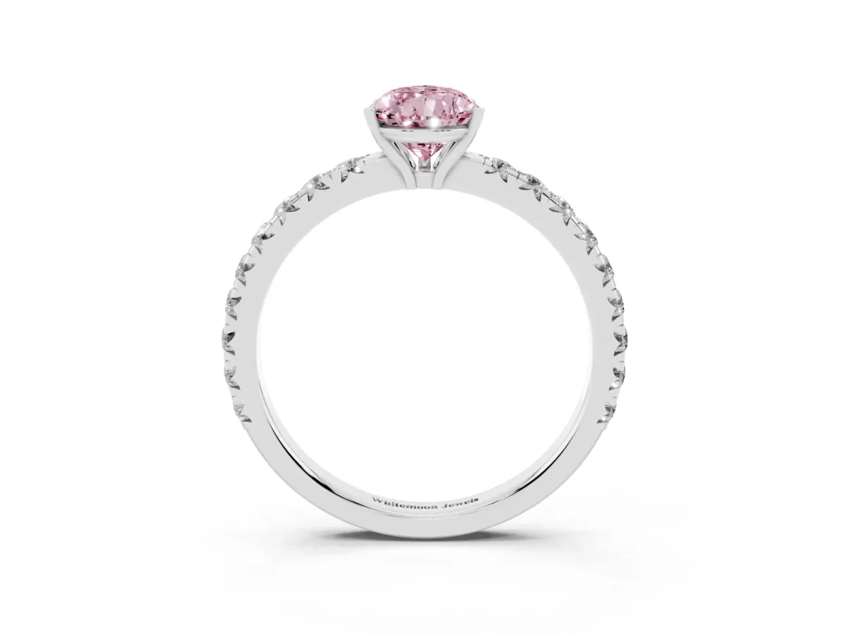 Fancy Pink Pear Cut Diamond Pavé Solitaire Engagement Ring with Four-Prong Setting Platinum