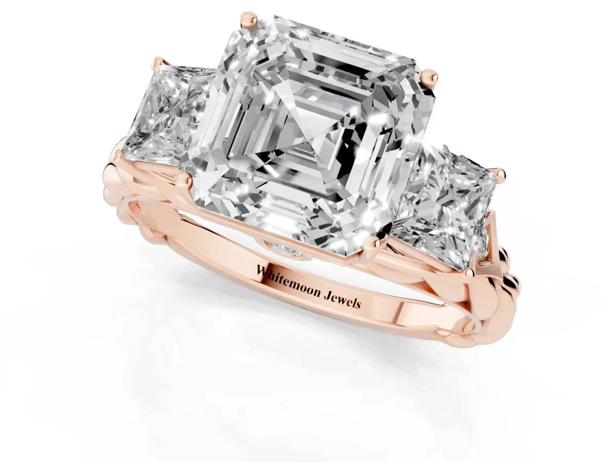 Three-Stone Asscher Cut Diamond Braided Band Ring with Four-Prong Setting Rose gold