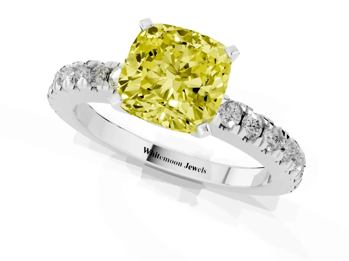 Fancy Yellow Cushion Cut Solitaire Diamond with Pavé Band and Four-Prong Setting White gold