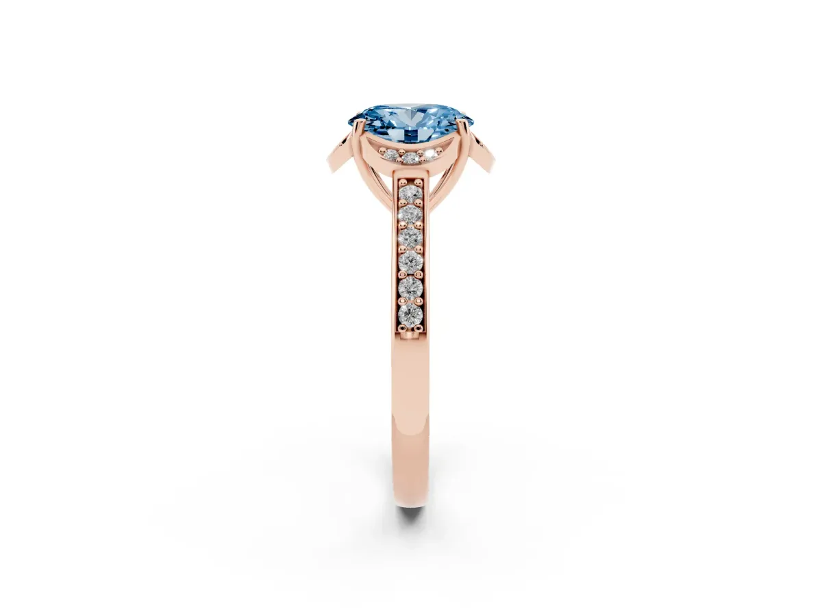 Fancy Blue Oval Cut Cut Halo Diamond Ring with Channel Set Band and Four-Prong Setting Rose gold