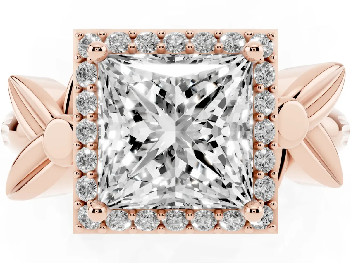 Princess Cut Halo Diamond Floral Band with Four-Prong Setting Rose gold