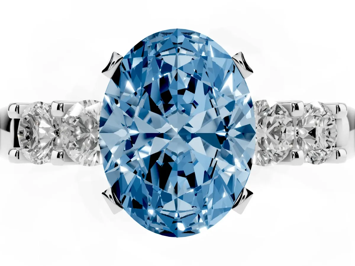 Fancy Blue Oval Cut Brilliant Cut Diamond Five-Stone Prong Set Engagement Ring with Channel Band Silver