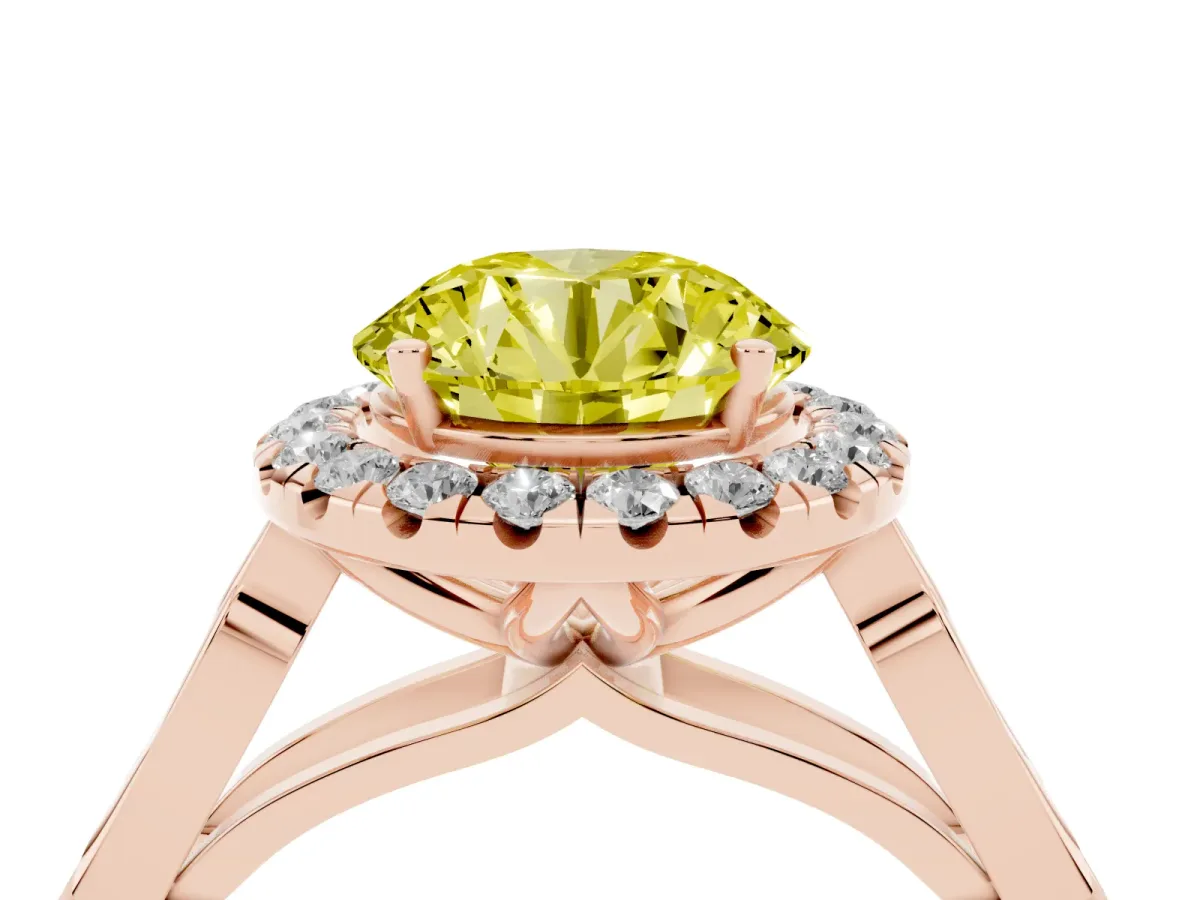 Fancy Yellow Round Cut Halo Diamond Engagement Ring with Filigree Band and Four-Prong Setting Rose gold